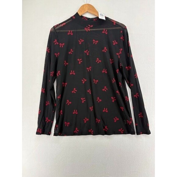 Torrid Women's Plus Size 2X Black Sheer Long Sleeve Fitted Shirt Red Bows NWT - Picture 1 of 7